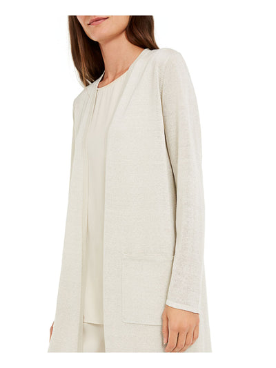 EILEEN FISHER Womens Ivory Stretch Metallic Pocketed Longline Cardigan Speckle Open Front Wear To Work Sweater Petites PS \ PP