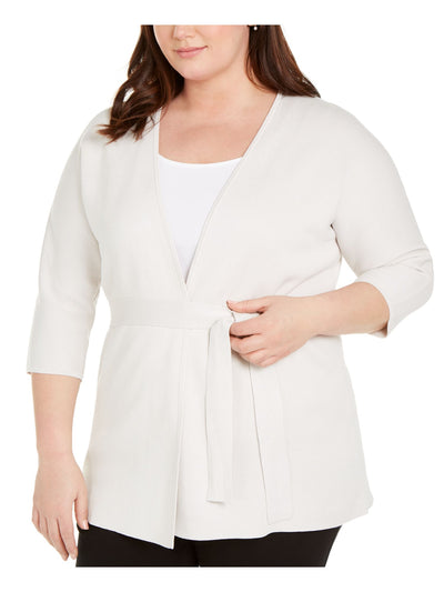 EILEEN FISHER Womens Beige Textured Tie Waist Silk 3/4 Sleeve Open Front Top Plus 2X