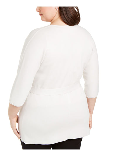 EILEEN FISHER Womens Beige Textured Tie Waist Silk 3/4 Sleeve Open Front Top Plus 2X