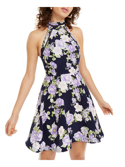 B DARLIN Womens Navy Floral Sleeveless Halter Short Fit + Flare Dress 9\10