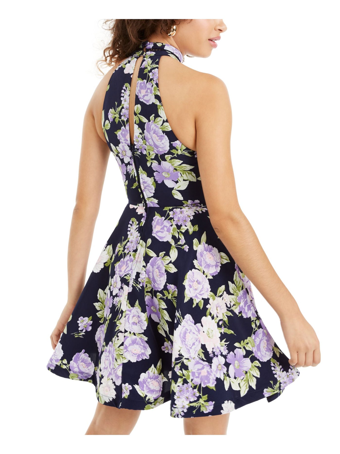 B DARLIN Womens Navy Floral Sleeveless Halter Short Fit + Flare Dress 9\10