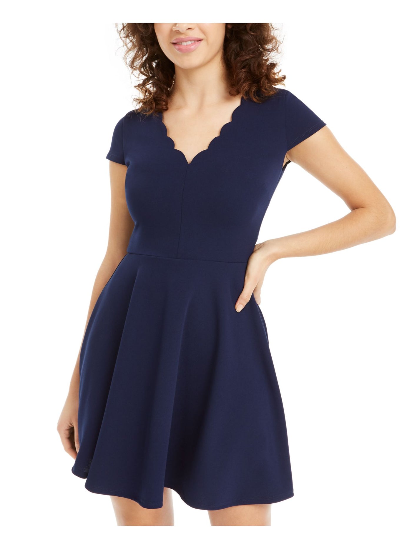 B DARLIN Womens Navy Zippered Tie Back Tie Back Short Sleeve V Neck Short Fit + Flare Dress 5\6