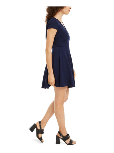 B DARLIN Womens Navy Zippered Short Sleeve V Neck Mini Fit + Flare Dress 7\8