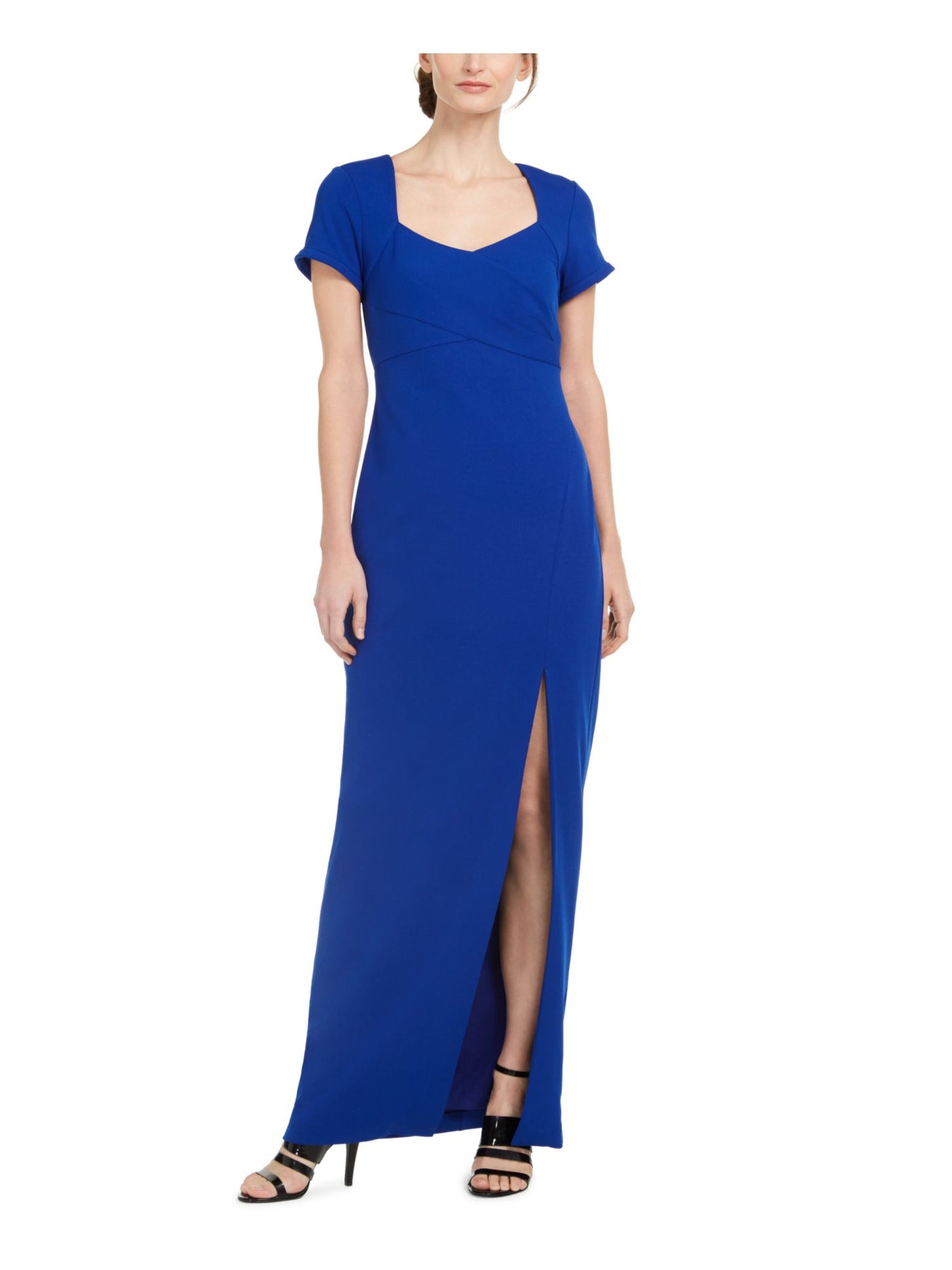 CALVIN KLEIN Womens Slitted Short Sleeve Queen Anne Neckline Full-Length Formal Sheath Dress