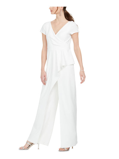 ADRIANNA PAPELL Womens Ivory Zippered Short Sleeve V Neck Wide Leg Jumpsuit 4