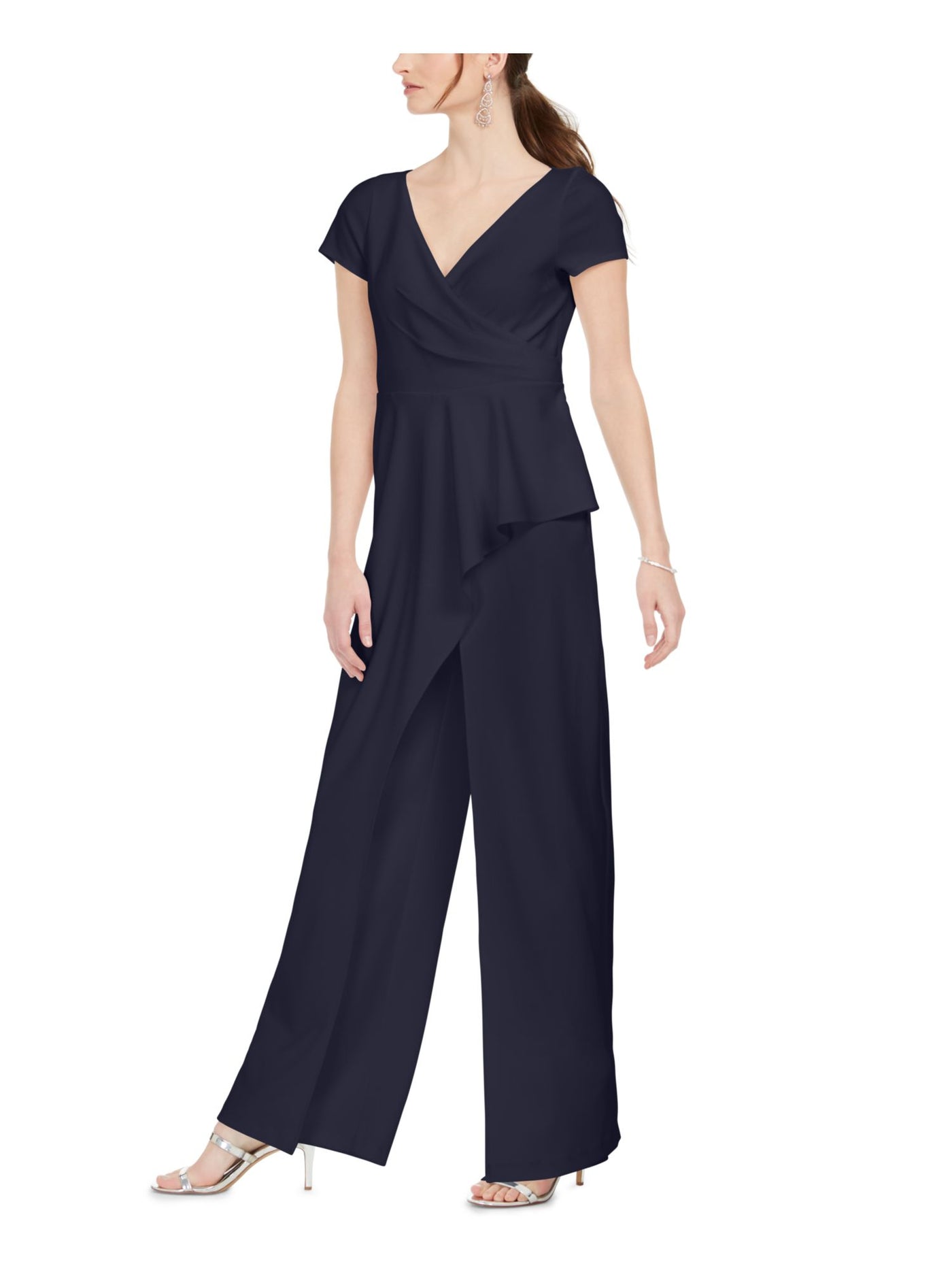 ADRIANNA PAPELL Womens Navy Zippered Ruffled Cap Sleeve V Neck Wide Leg Jumpsuit 8