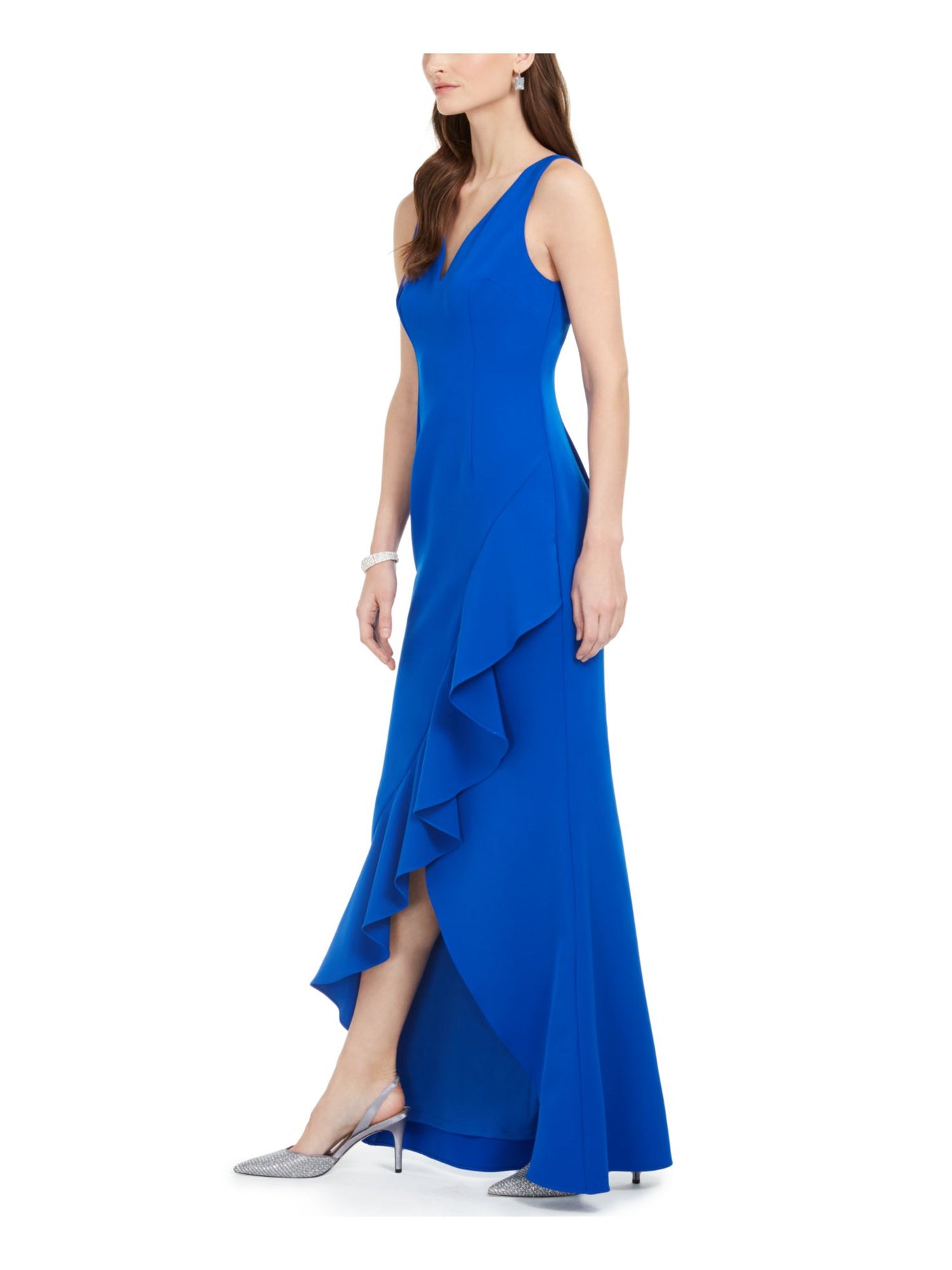 ADRIANNA PAPELL Womens Blue Slitted Sleeveless V Neck Full-Length Formal Sheath Dress 0