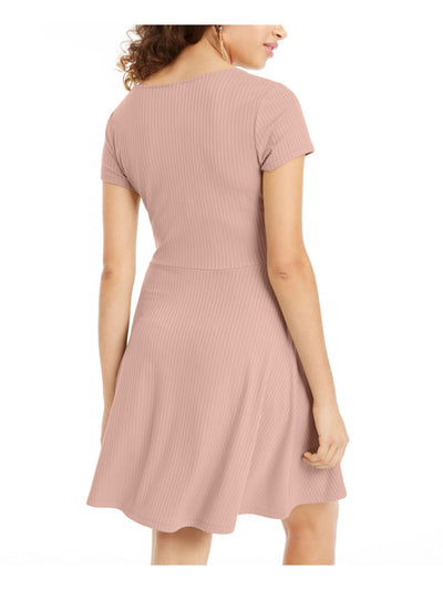 PLANET GOLD Womens Pink Stretch Ribbed Cut Out Tie Neck Detail Short Sleeve Scoop Neck Short Fit + Flare Dress XXS