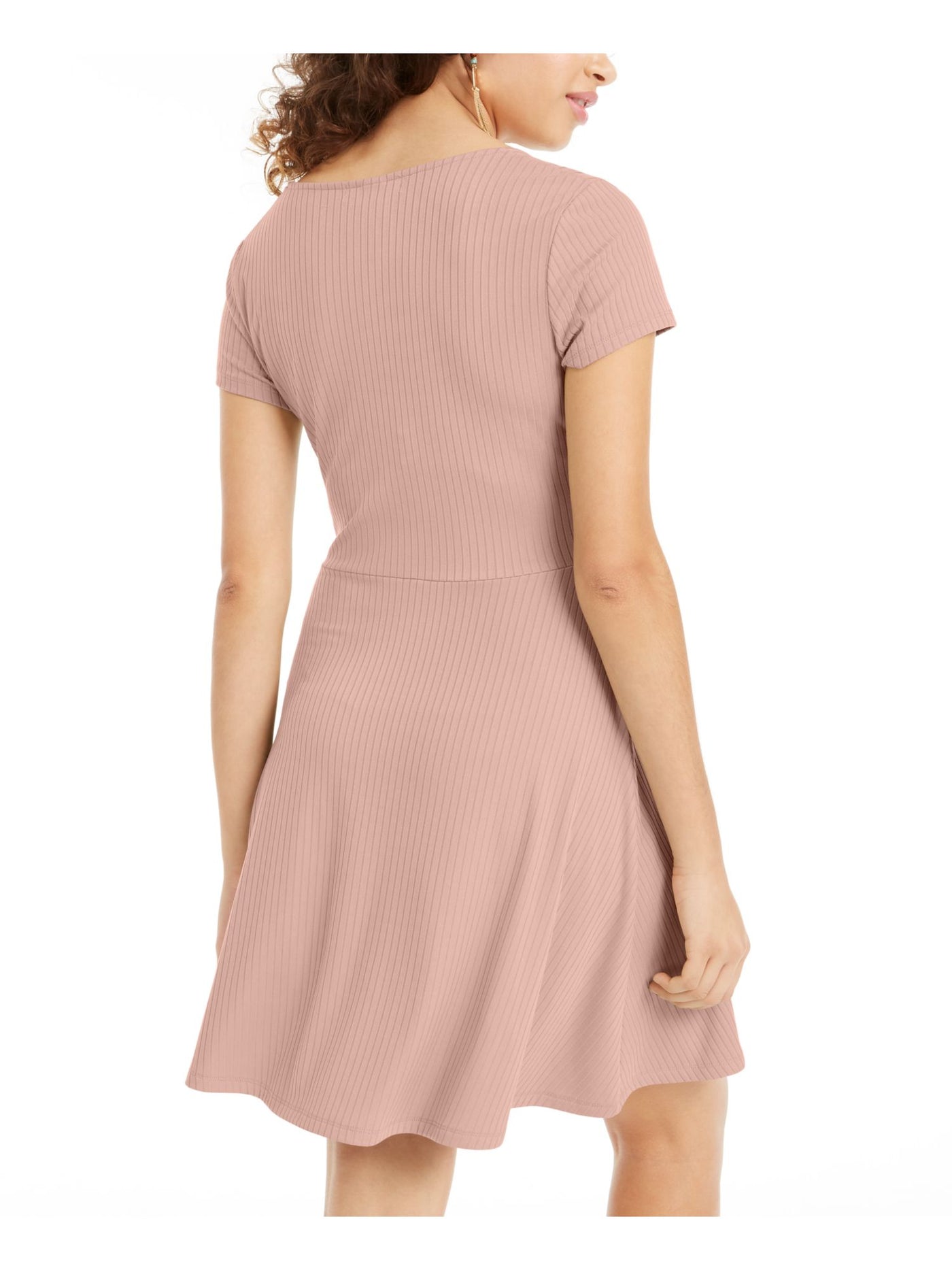 PLANET GOLD Womens Pink Stretch Ribbed Cut Out Tie Neck Detail Short Sleeve Scoop Neck Short Fit + Flare Dress Juniors S