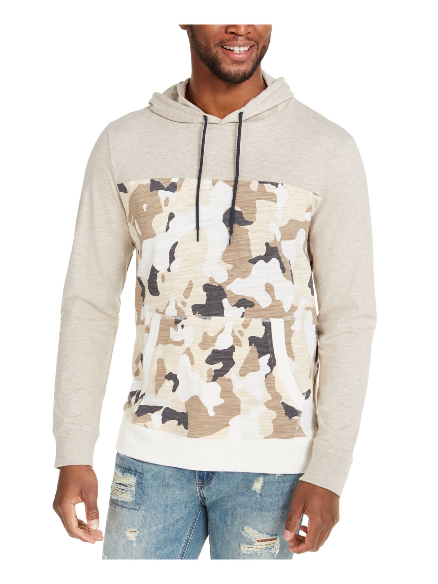 Sun Stone Mens Gray Lightweight Camouflage Crew Neck Classic Fit Draw String Cotton Hoodie M