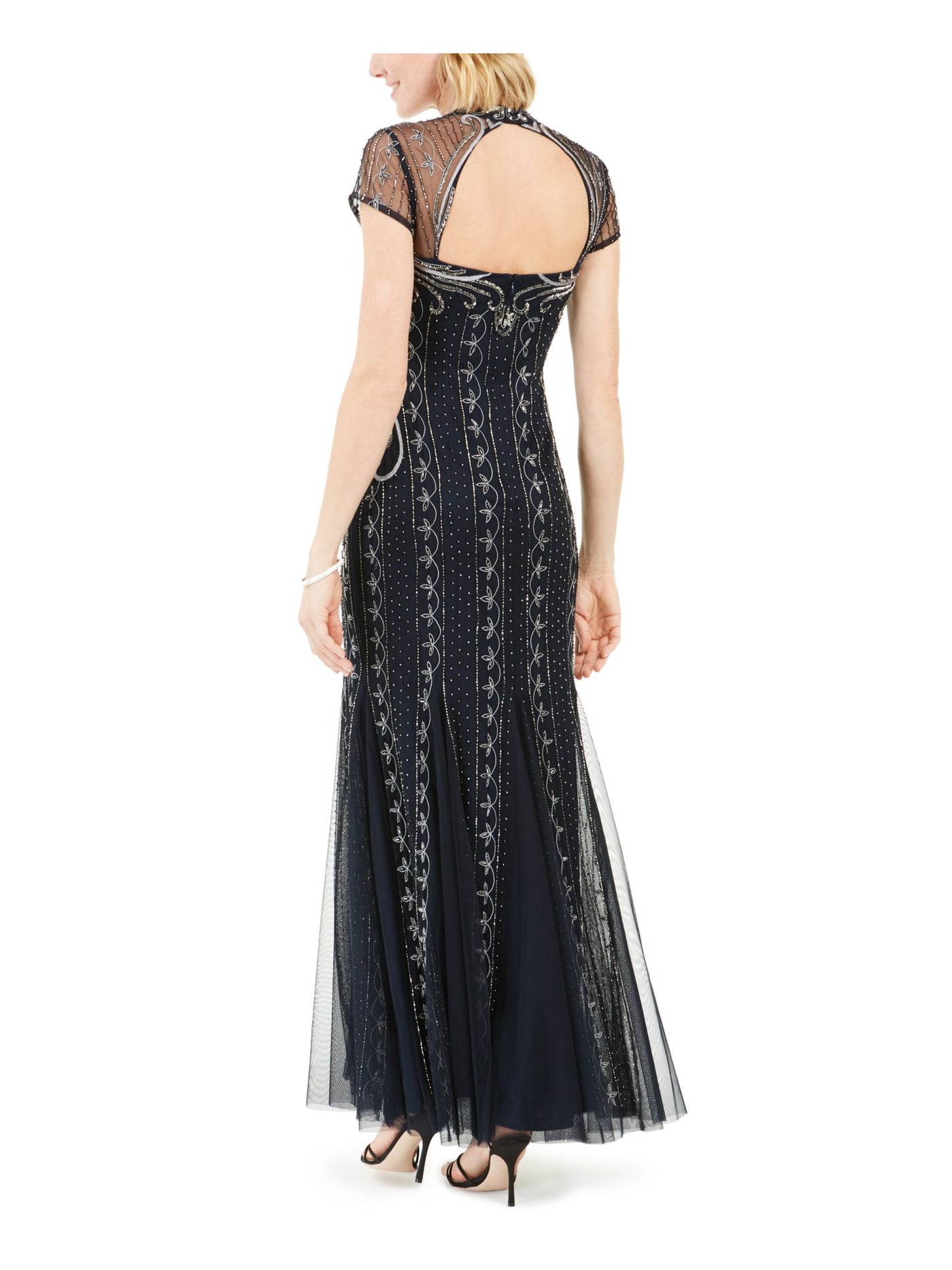 ADRIANNA PAPELL Womens Navy Beaded Cap Sleeve V Neck Full-Length Evening Fit + Flare Dress 2