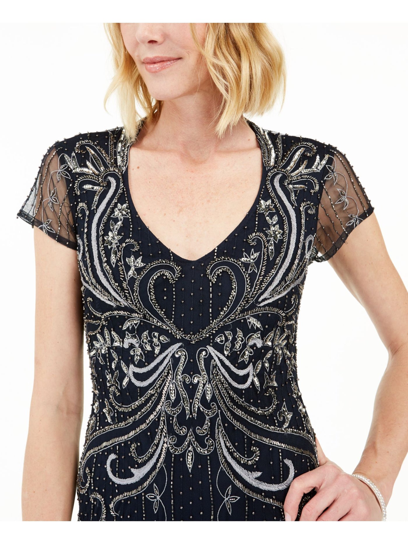 ADRIANNA PAPELL Womens Beaded Cap Sleeve V Neck Full-Length Evening Fit + Flare Dress