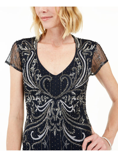 ADRIANNA PAPELL Womens Navy Beaded Cap Sleeve V Neck Full-Length Evening Fit + Flare Dress 2