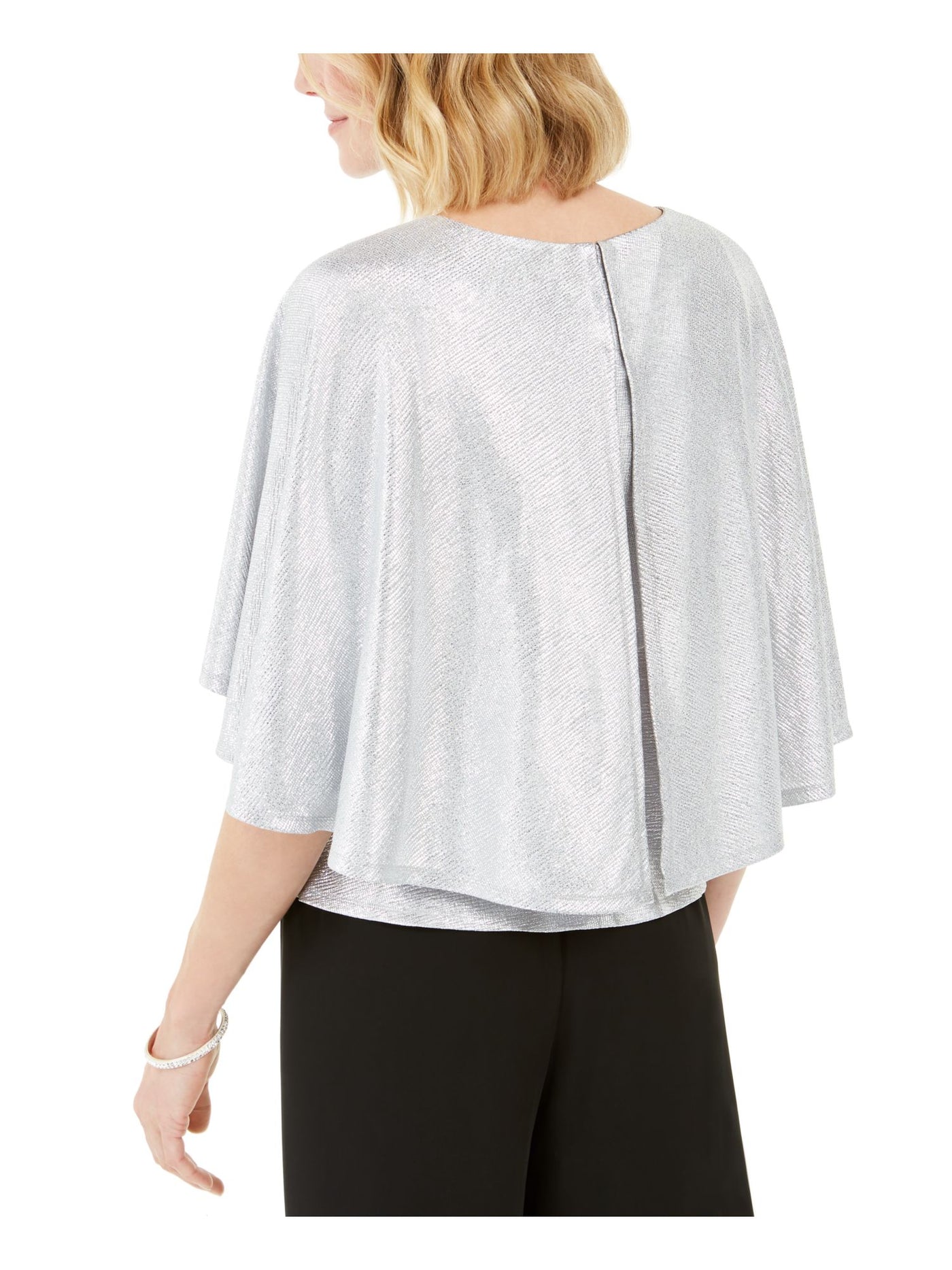 ADRIANNA PAPELL Womens Silver 3/4 Sleeve Scoop Neck Party Peplum Top 2