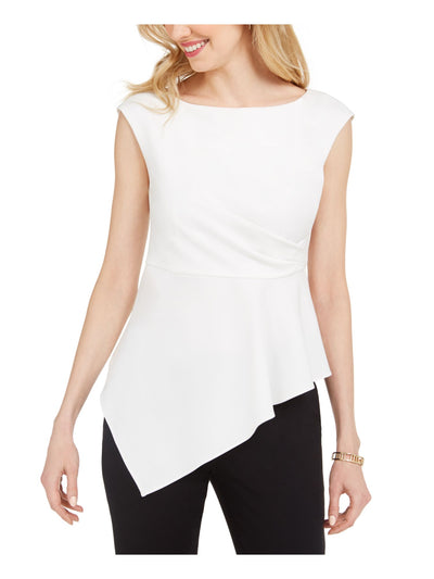 ADRIANNA PAPELL Womens White Ruched Zippered Sleeveless Peplum Top Petites 12P