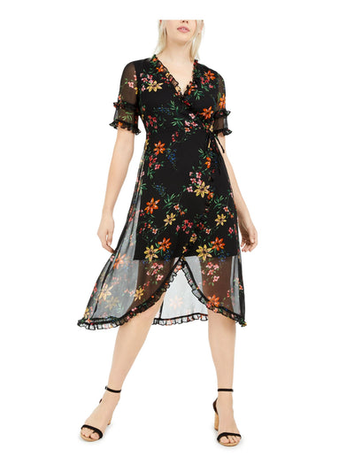 KENSIE DRESSES Womens Black Zippered Floral Short Sleeve V Neck Below The Knee Evening Hi-Lo Dress 2