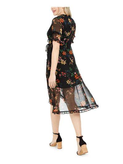 KENSIE DRESSES Womens Black Zippered Floral Short Sleeve V Neck Below The Knee Evening Hi-Lo Dress 2