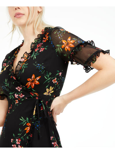 KENSIE DRESSES Womens Black Zippered Floral Short Sleeve V Neck Below The Knee Evening Hi-Lo Dress 2