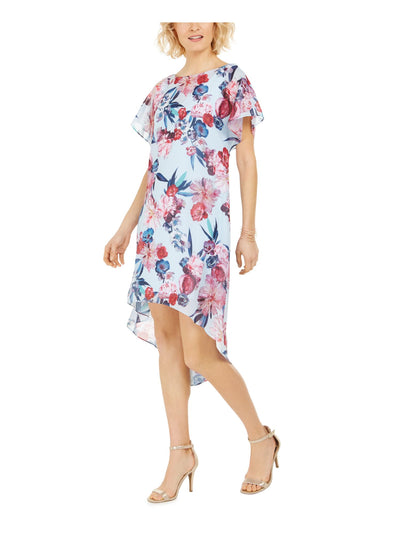 ADRIANNA PAPELL Womens Blue Floral Jewel Neck Tea-Length Hi-Lo Dress S