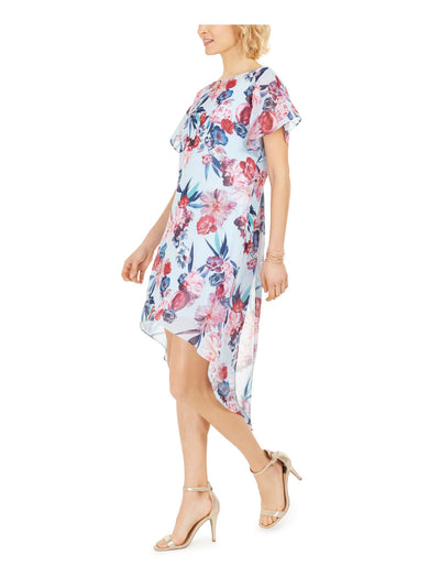 ADRIANNA PAPELL Womens Light Blue Floral Jewel Neck Tea-Length Hi-Lo Dress L