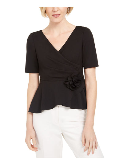 ADRIANNA PAPELL Womens Ruffled Short Sleeve V Neck Top