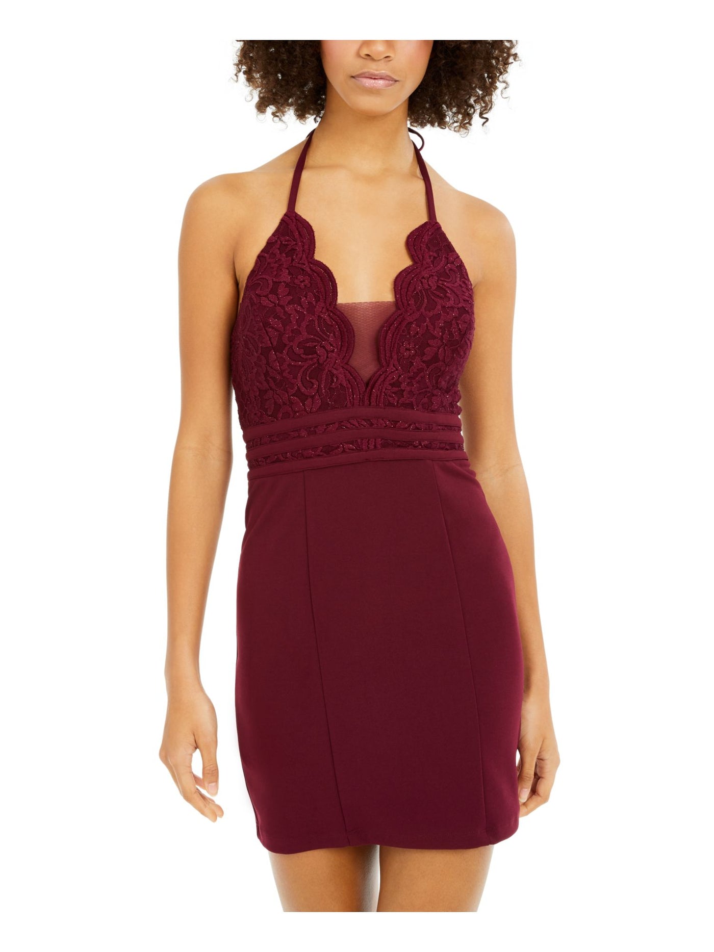 SPEECHLESS Womens Burgundy Lace Shimmering Spaghetti Strap V Neck Mini Cocktail Body Con Dress 7