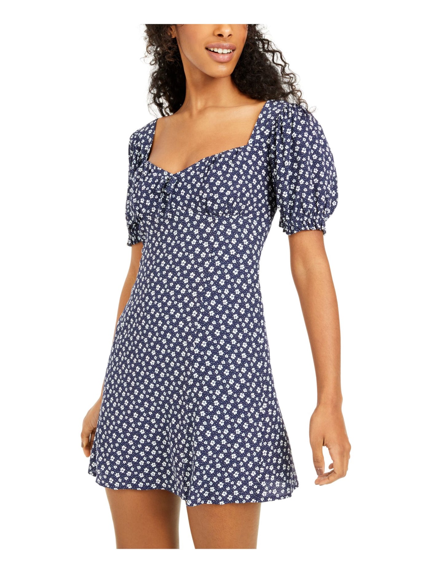 SEQUIN HEARTS Womens Ruched Pouf Sleeve Sweetheart Neckline Short Fit + Flare Dress