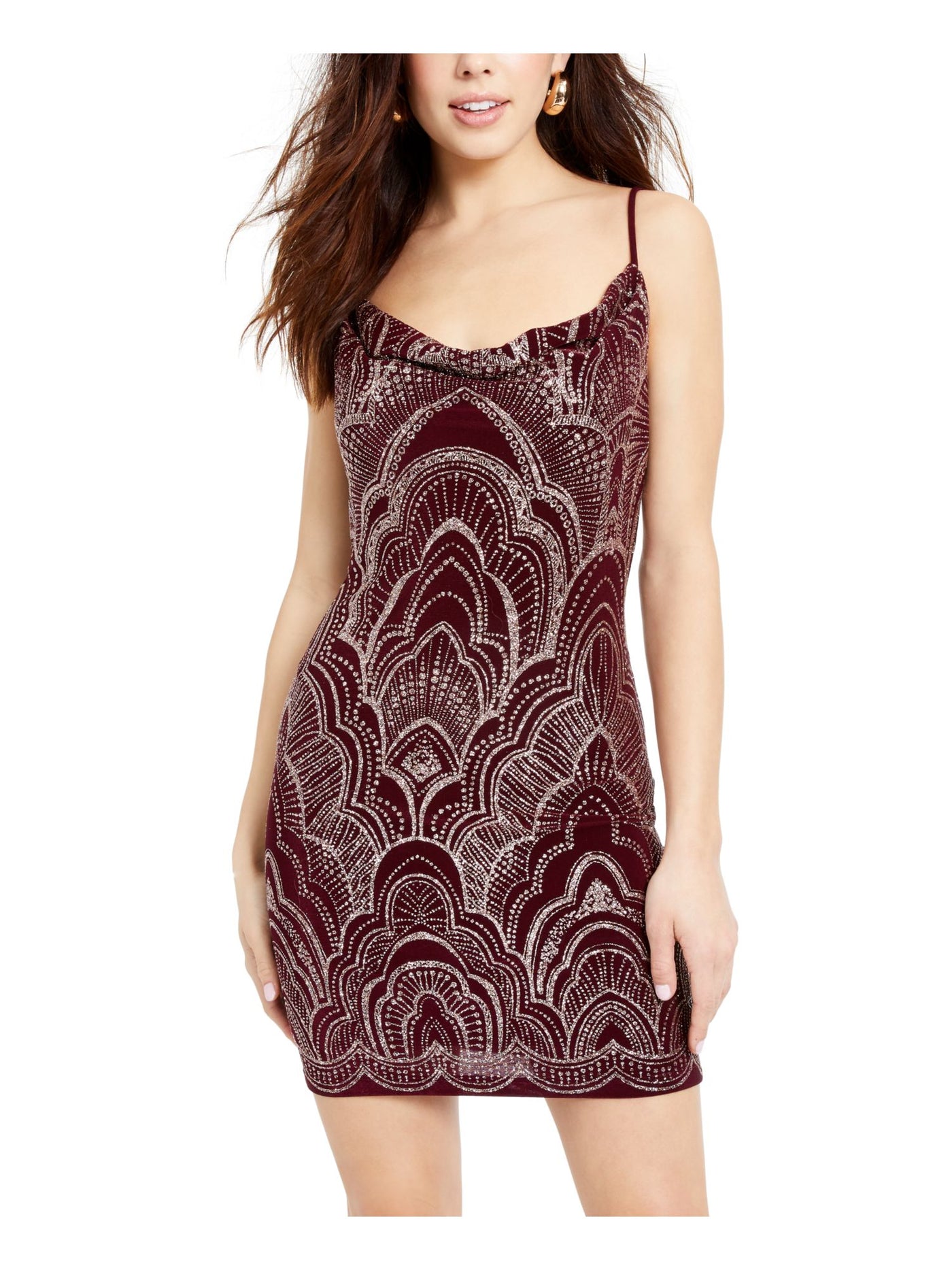 JUMP Womens Burgundy Glitter Patterned Spaghetti Strap Cowl Neck Mini Evening Body Con Dress S