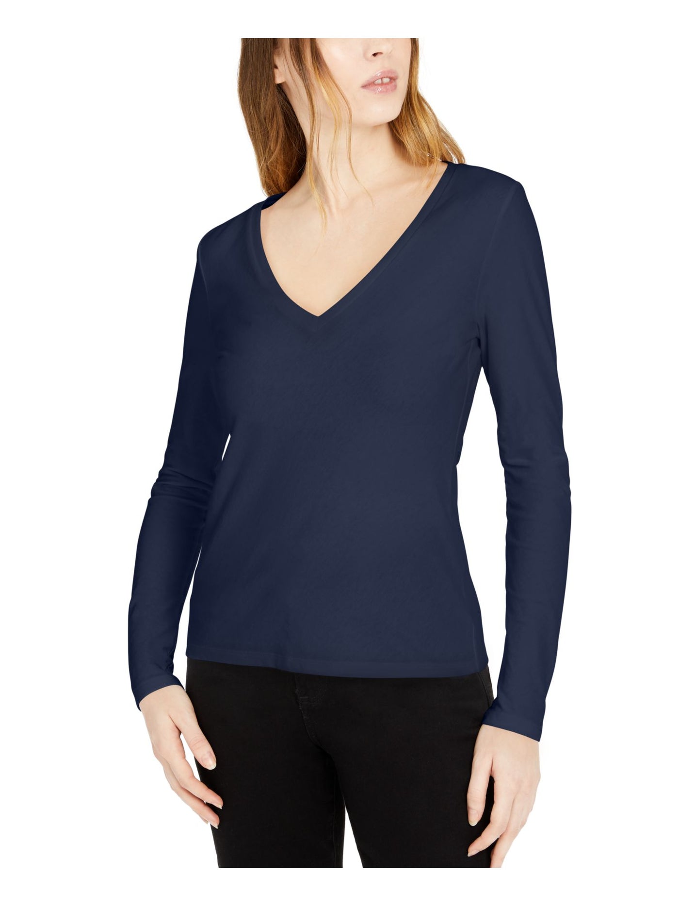 INC Womens Navy Long Sleeve V Neck T-Shirt XS