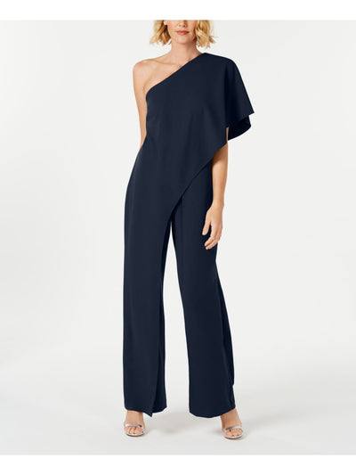 ADRIANNA PAPELL Womens Navy Ruffled Draped One Shoulder Kimono Sleeve Asymmetrical Neckline Party Wide Leg Jumpsuit 4