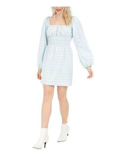 LEYDEN Womens Light Blue Ruched Plaid Long Sleeve Square Neck Short Sheath Dress L