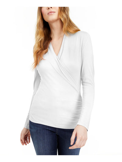 INC Womens White Long Sleeve V Neck Wrap Top M