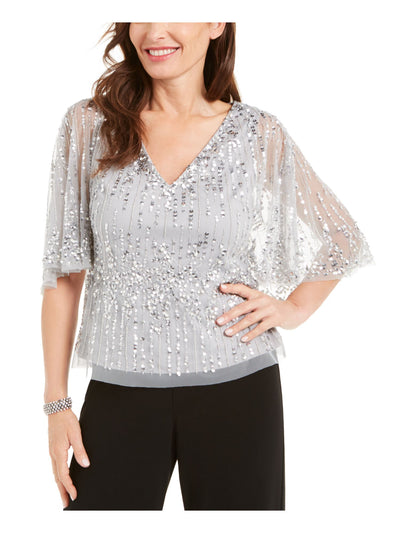 ADRIANNA PAPELL Womens Gray Sequined Sleeveless V Neck Evening Top 6