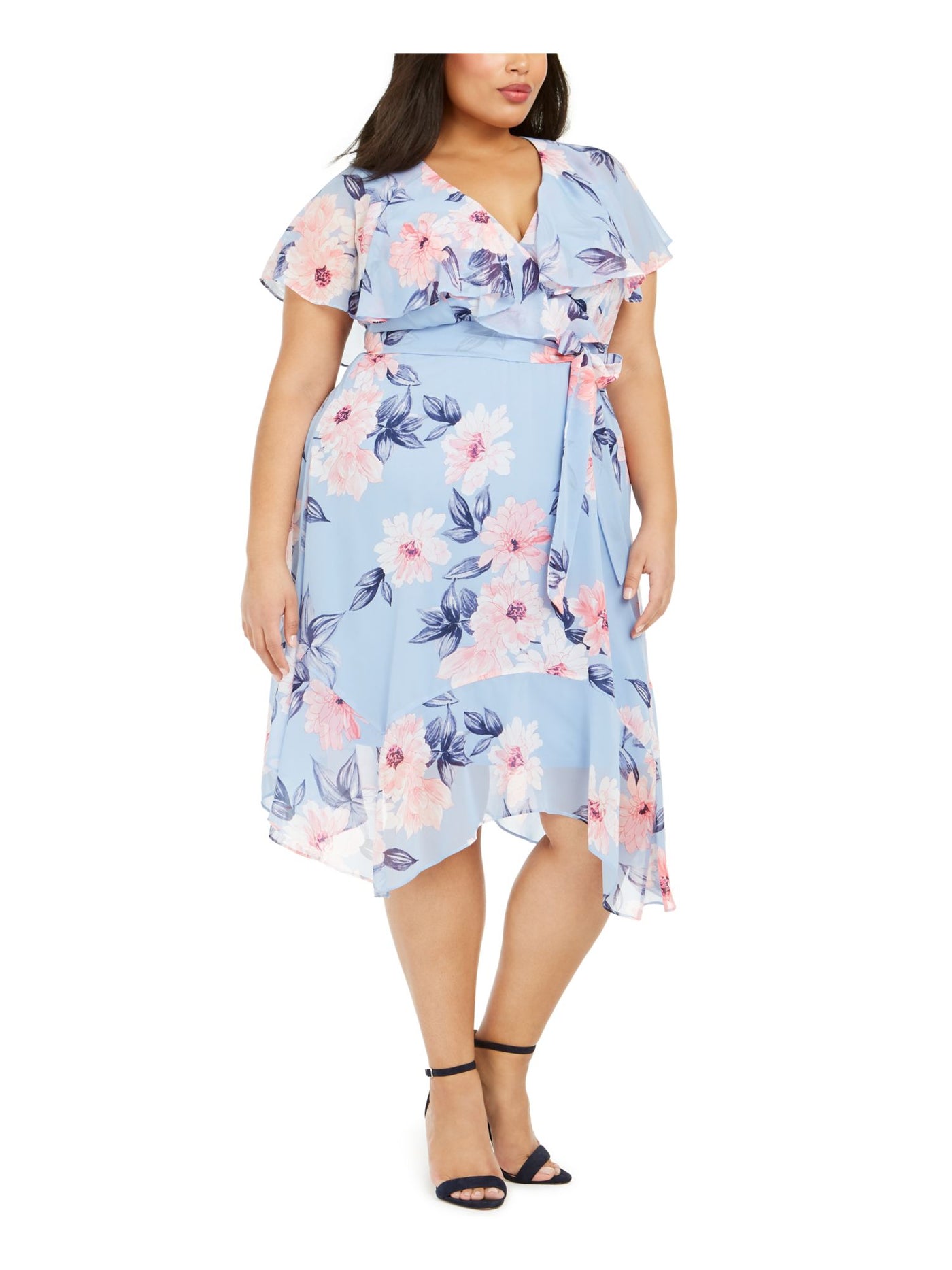 JESSICA HOWARD Womens Light Blue Belted Floral Short Sleeve V Neck Midi Sheath Dress Plus 24W