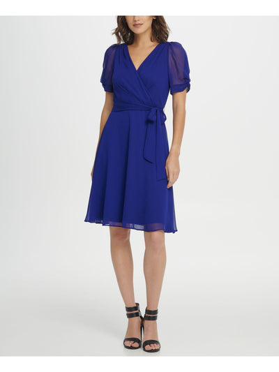 DKNY Womens Blue Sheer Knot Belt Pouf V Neck Above The Knee Wear To Work Fit + Flare Dress 10