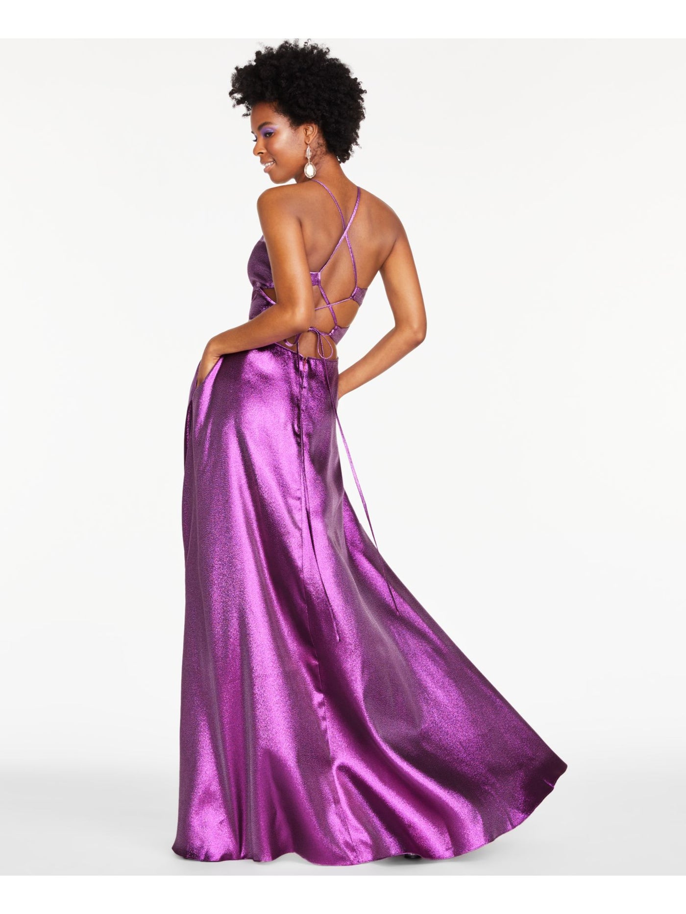 BLONDIE Womens Purple Ruffled Slitted Zippered Sleeveless Halter Maxi Prom Fit + Flare Dress 5