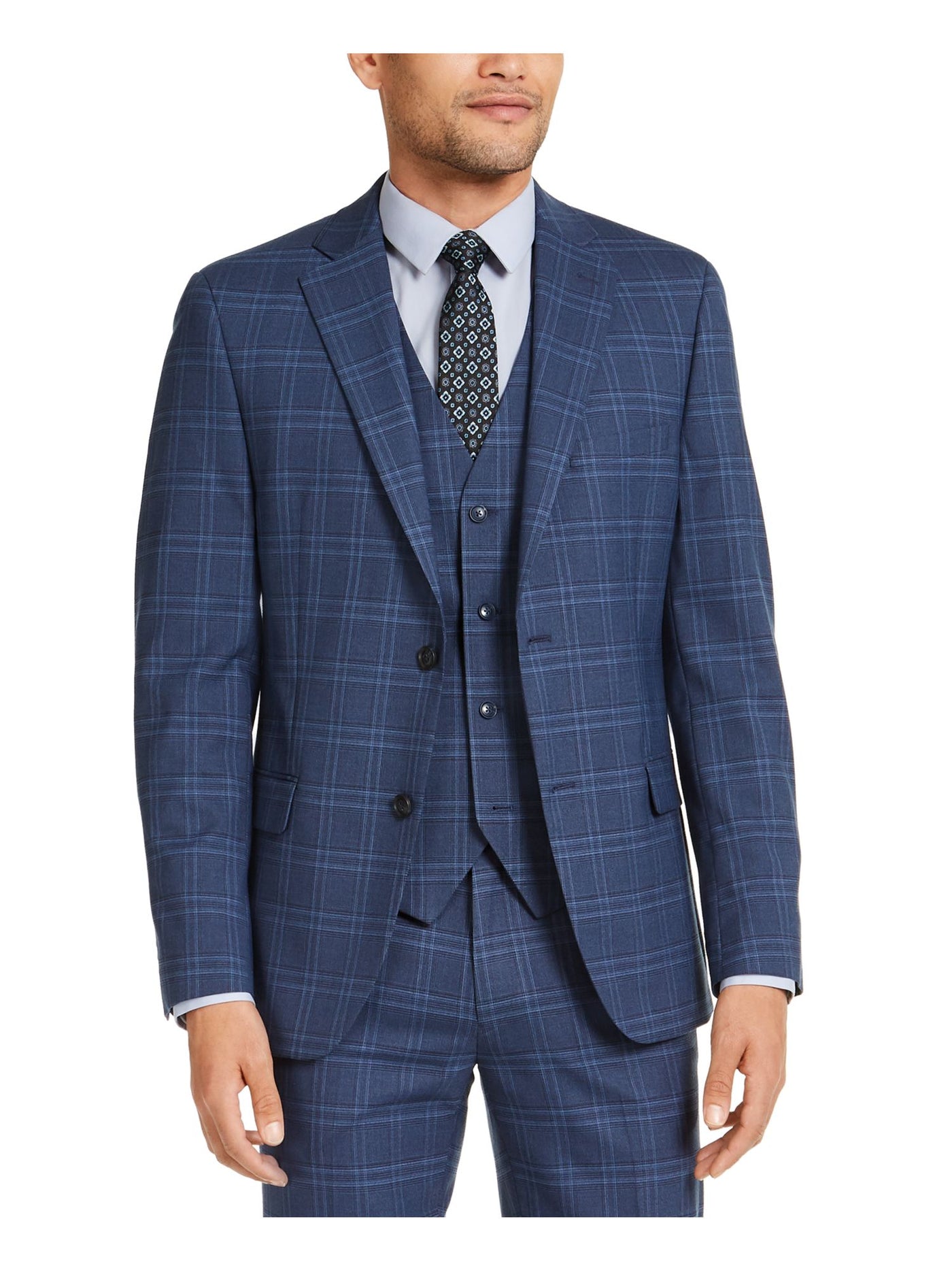 ALFANI Mens Navy Plaid Blazer Jacket 40L