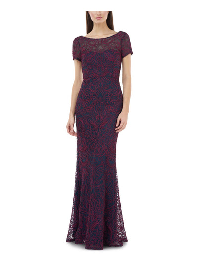 JS COLLECTION Womens Burgundy Short Sleeve Illusion Neckline Full-Length Evening Mermaid Dress 4