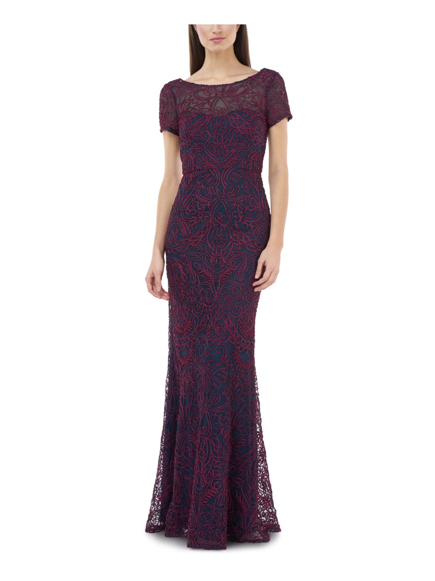 JS COLLECTION Womens Burgundy Short Sleeve Illusion Neckline Full-Length Evening Mermaid Dress 6