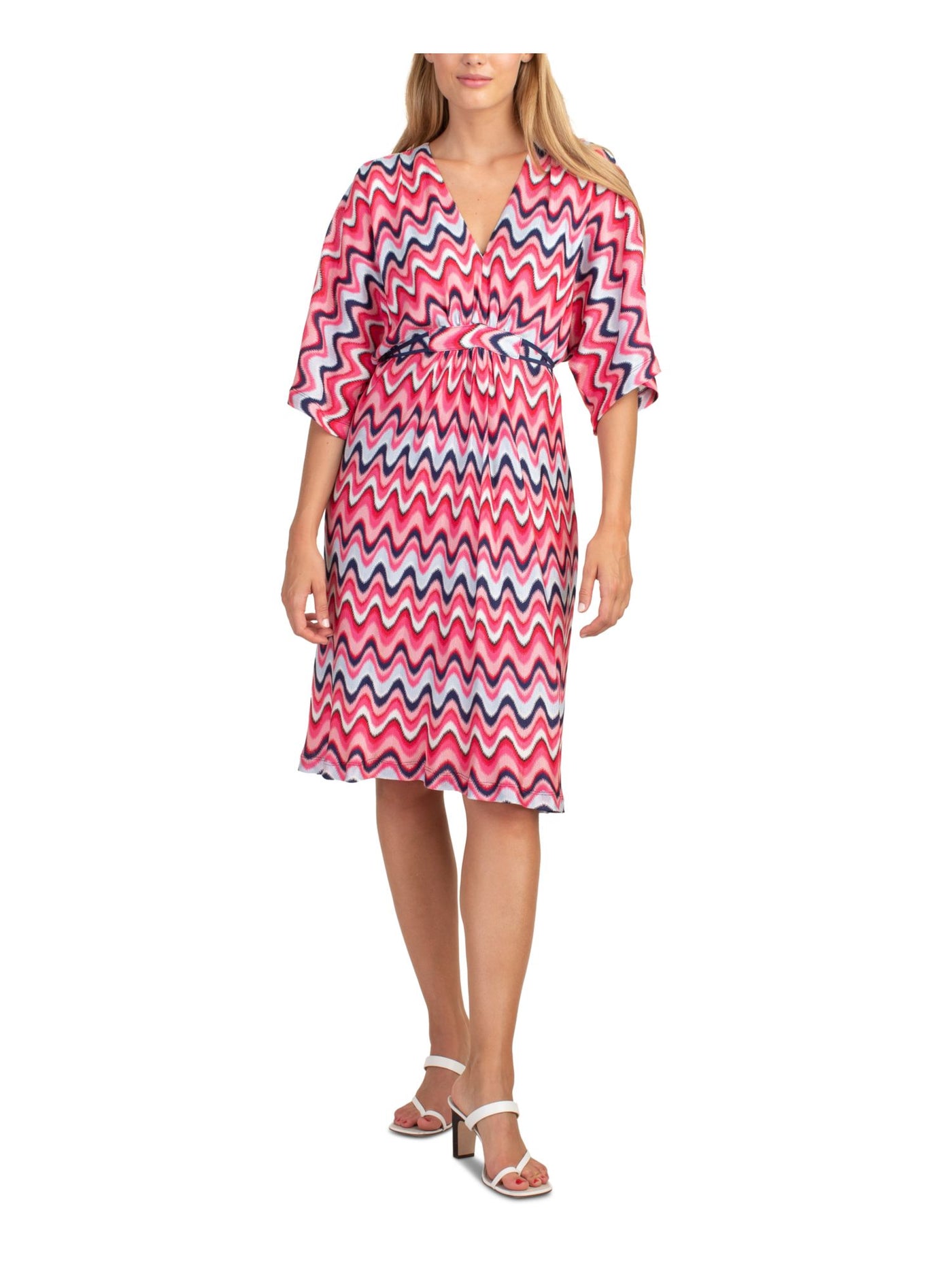 TRINA TURK Womens Pink Tie Printed Dolman Sleeve V Neck Knee Length A-Line Dress M