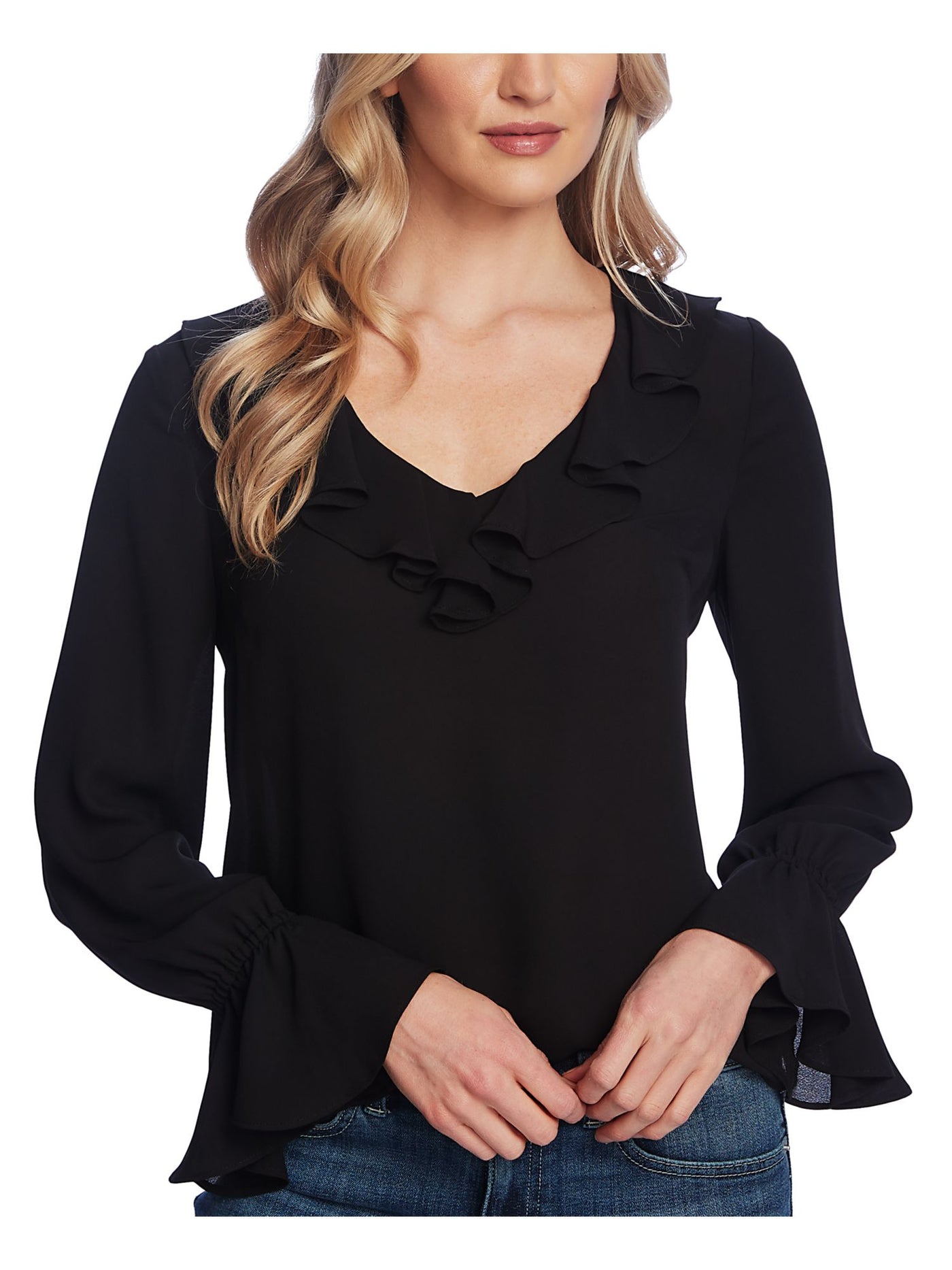 CECE Womens Black Ruffled Long Sleeve V Neck Wear To Work Blouse XS