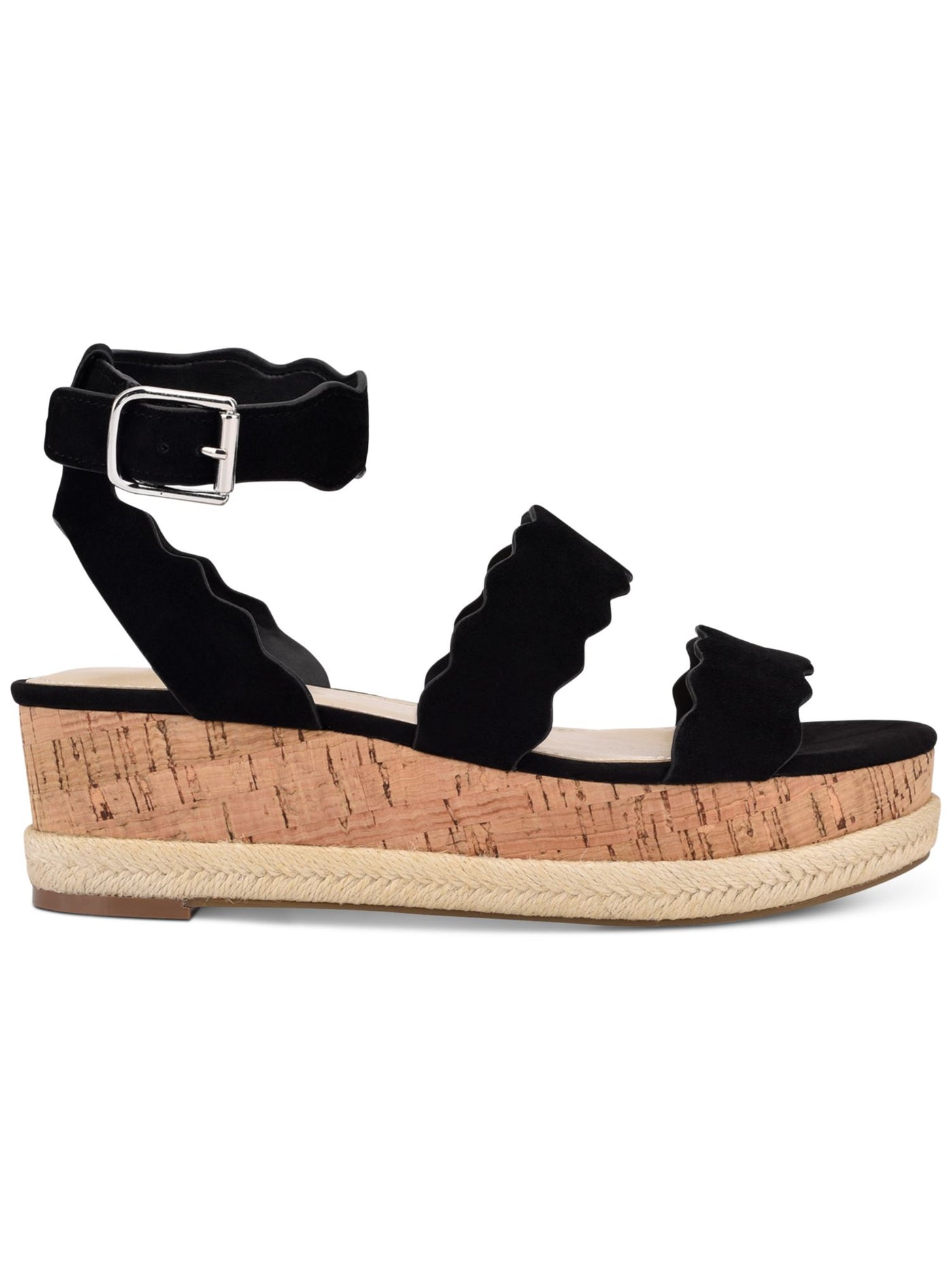 MARC FISHER Womens Black 1" Platform Padded Cork-Like Jute Detailing Scalloped Ankle Strap Fayme Round Toe Wedge Buckle Leather Slingback Sandal 6 M