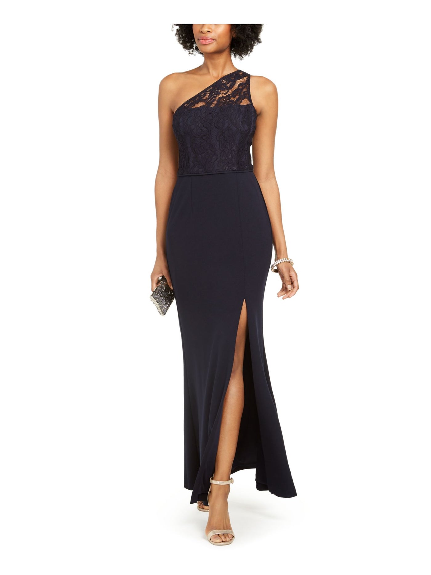 ADRIANNA PAPELL Womens Slitted Lace Asymmetrical Neckline Full-Length Evening Sheath Dress