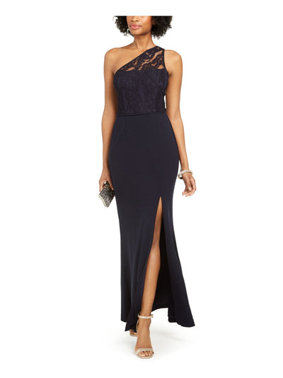 ADRIANNA PAPELL Womens Slitted Lace Asymmetrical Neckline Full-Length Evening Sheath Dress