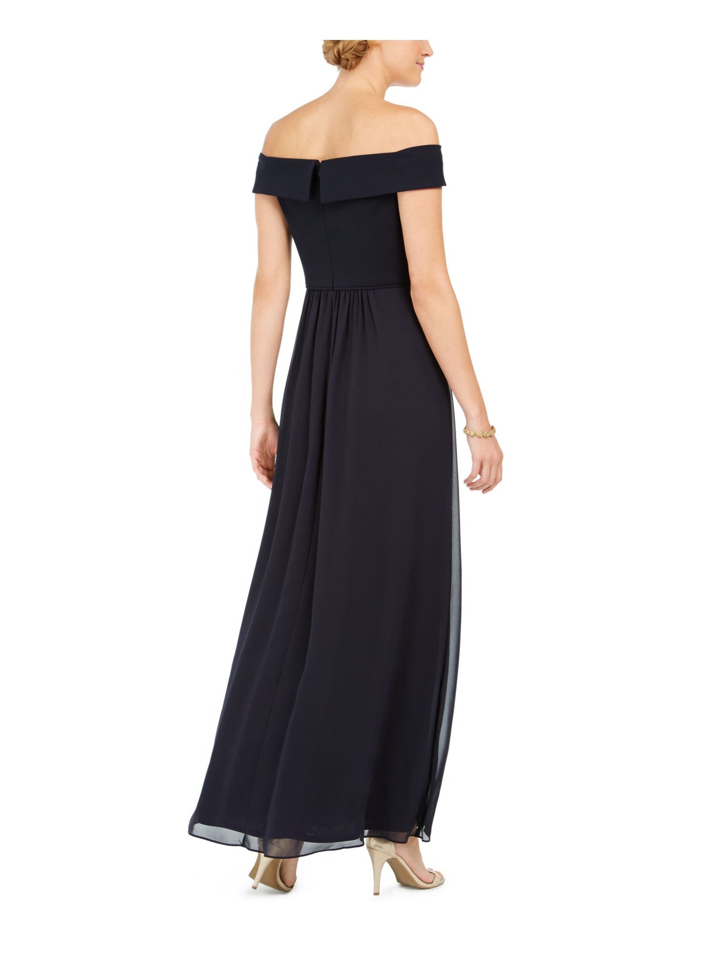 ADRIANNA PAPELL Womens Pleated Zippered Chiffon Short Sleeve Off Shoulder Maxi Evening Fit + Flare Dress