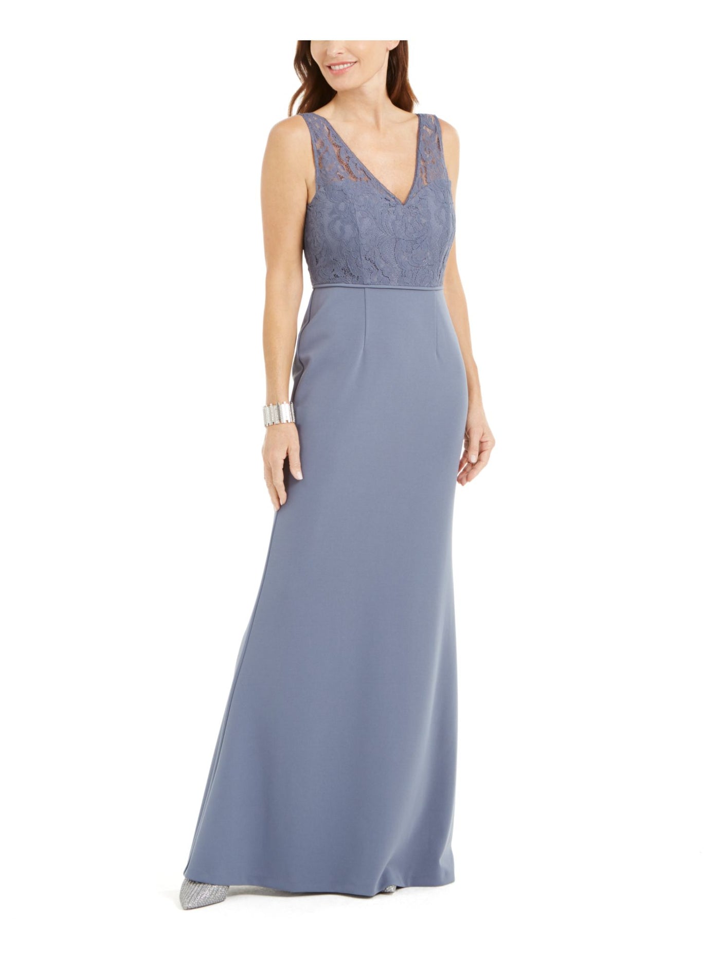 ADRIANNA PAPELL Womens Gray Lace Zippered Illusion Gown Sleeveless V Neck Full-Length Evening Dress 10