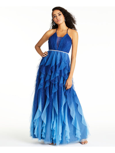 TEEZE ME Womens Blue Glitter Ruffled Spaghetti Strap V Neck Full-Length Prom Fit + Flare Dress 0