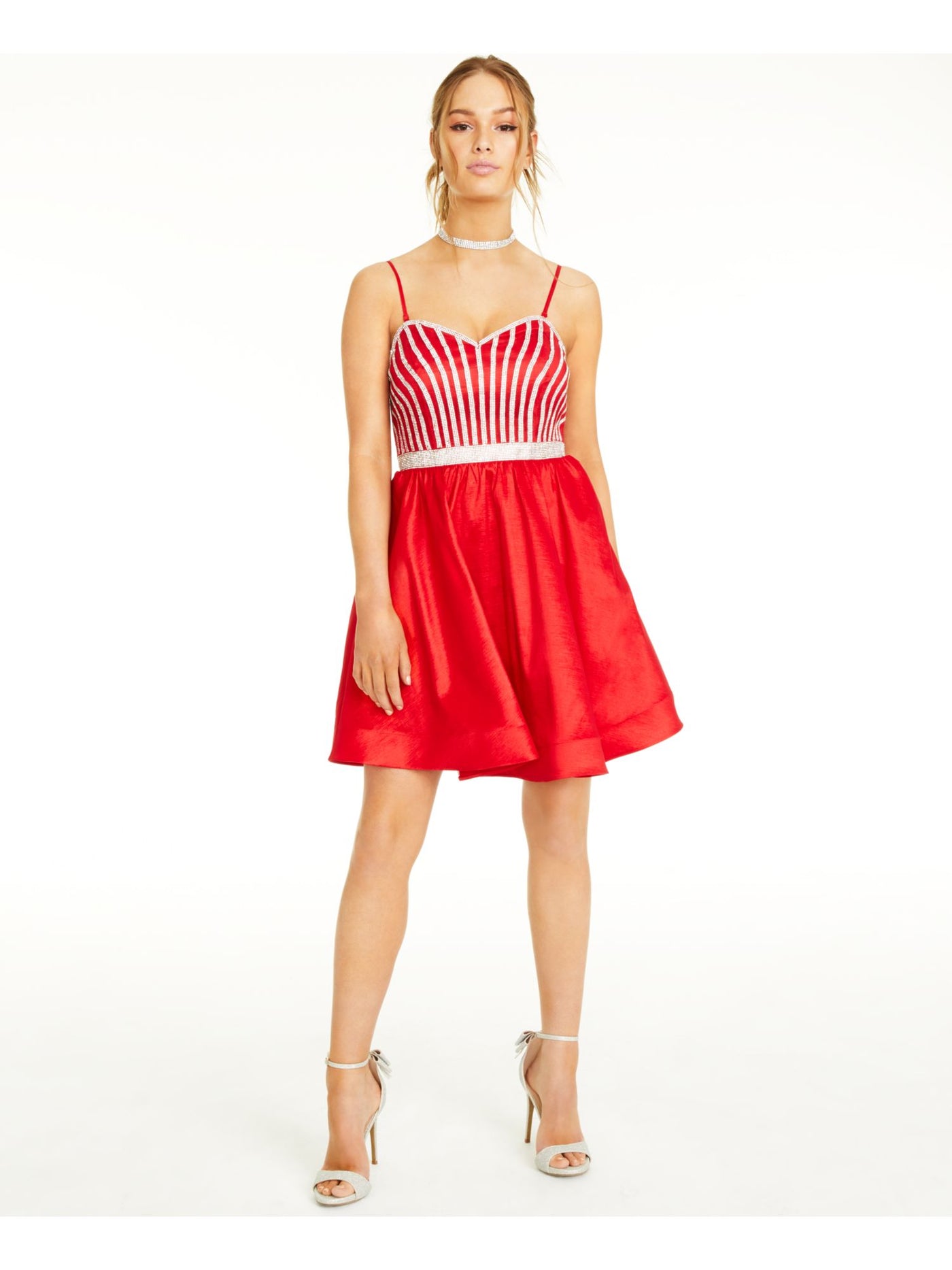 CRYSTAL DOLLS Womens Red Ruffled Rhinestone Spaghetti Strap Short Formal Fit + Flare Dress 13