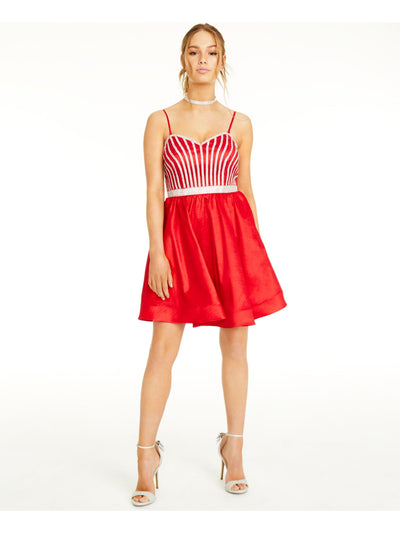 CRYSTAL DOLLS Womens Red Ruffled Rhinestone Spaghetti Strap Short Formal Fit + Flare Dress 13