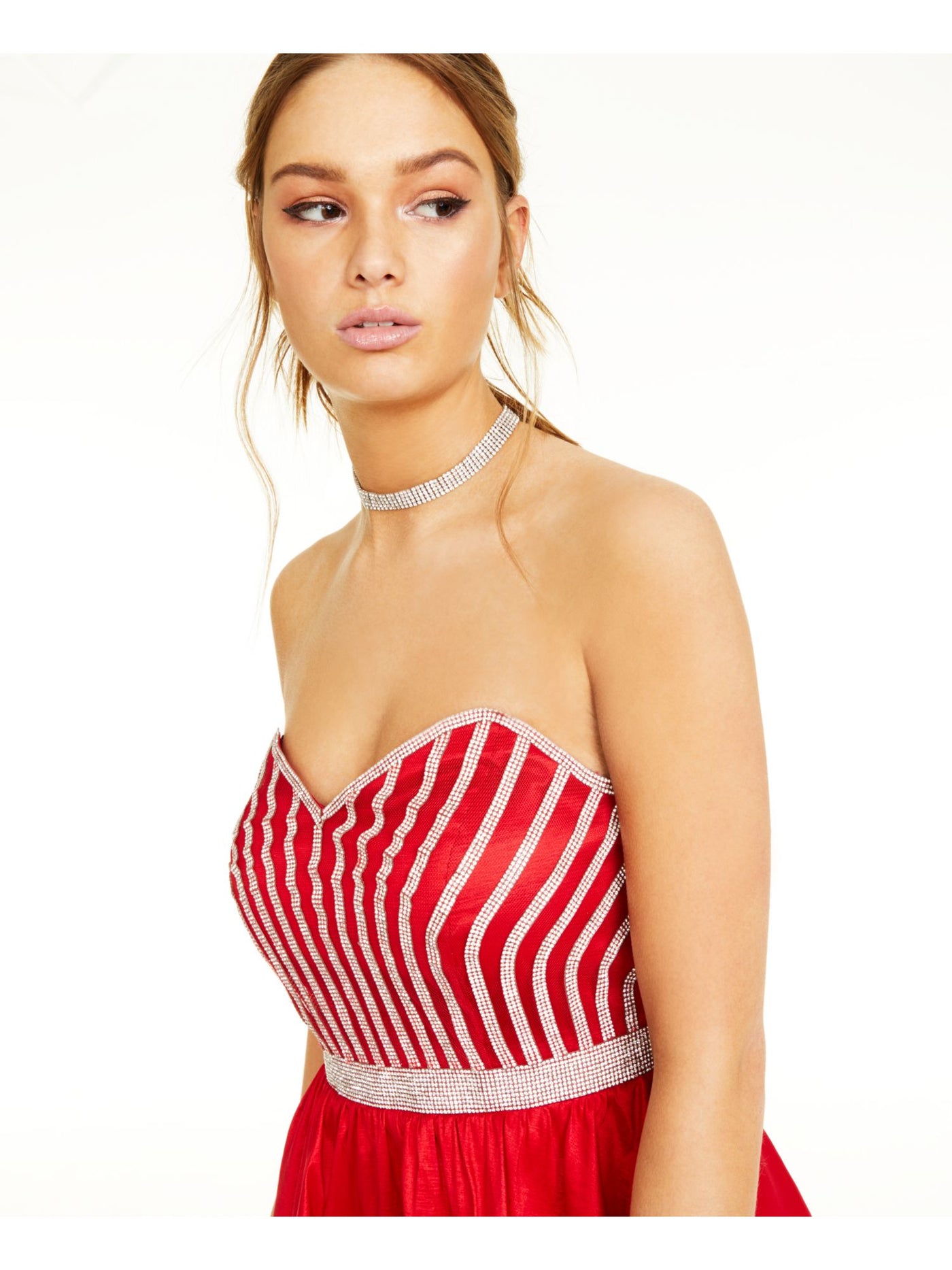 CRYSTAL DOLLS Womens Red Ruffled Rhinestone Spaghetti Strap Short Formal Fit + Flare Dress 13